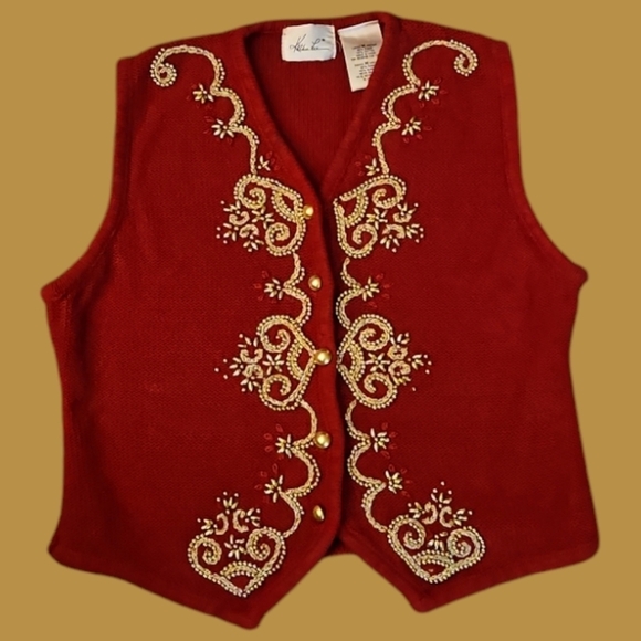 VTG KATHIE LEE 1980s Red Gold Beaded Button Down Valentine's Sweater Vest - Picture 1 of 9